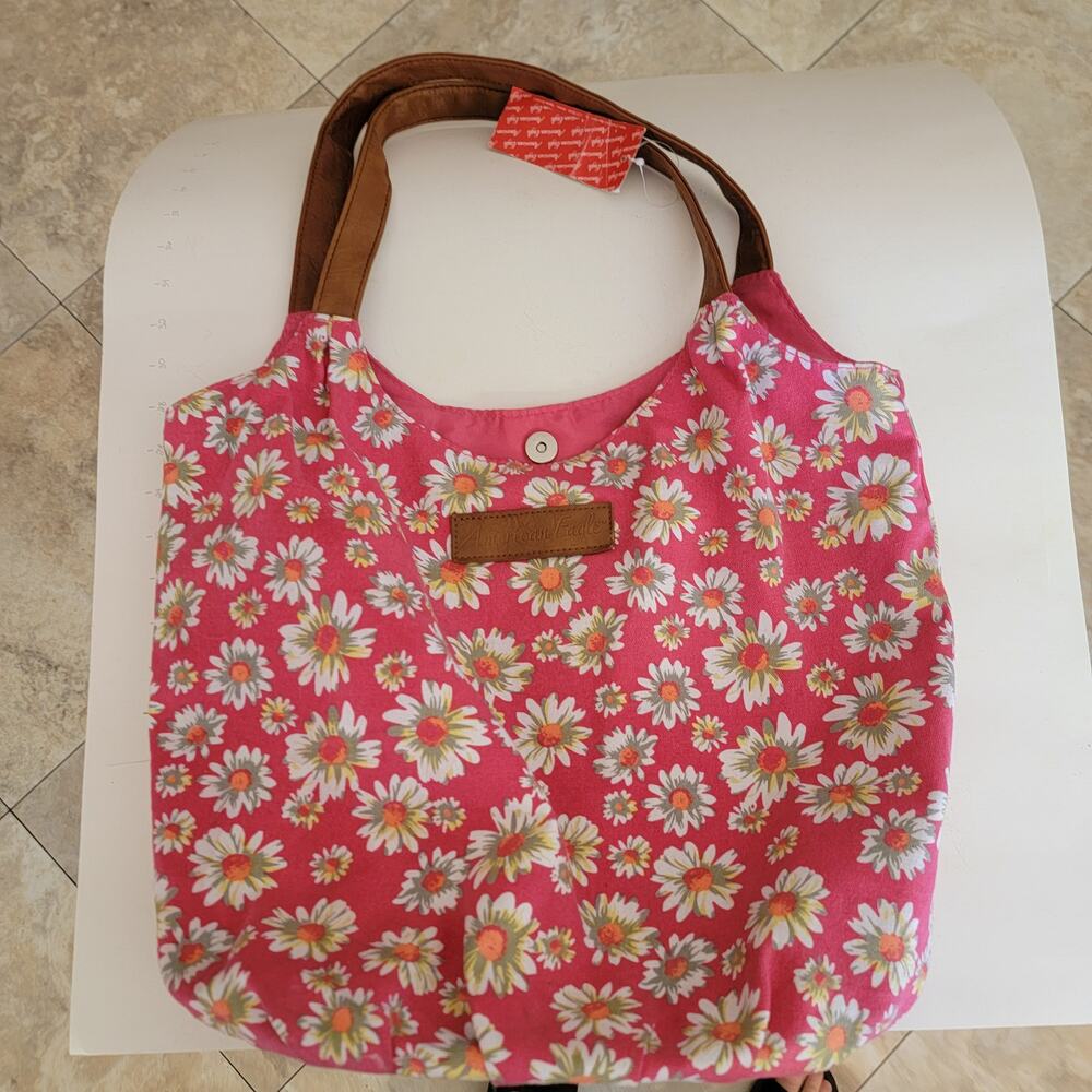 American Eagle Pink Daisy Floral Tote Bag Brown Straps Snap Closure Canvas Cute